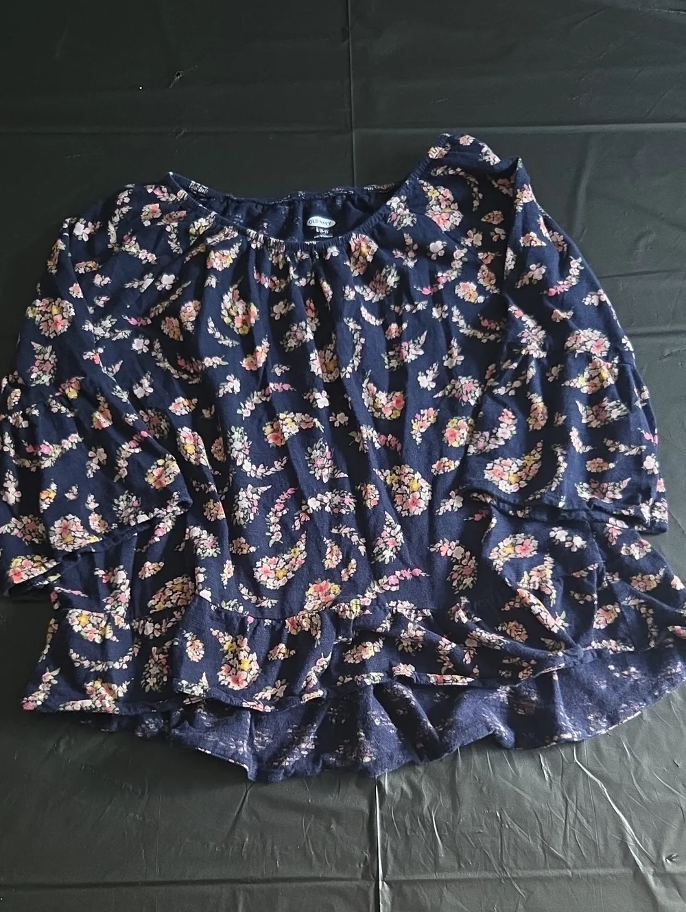Old Navy Navy Floral Peasant Top with Pink and Yellow Flowers